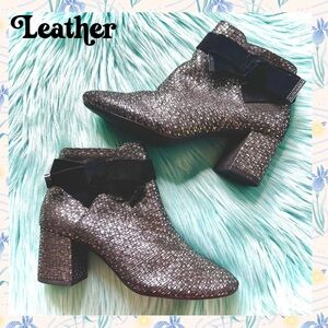 Alex Marie Metallic LEATHER Ankle Booties Black Silver Bow Block Heel Size 5.5